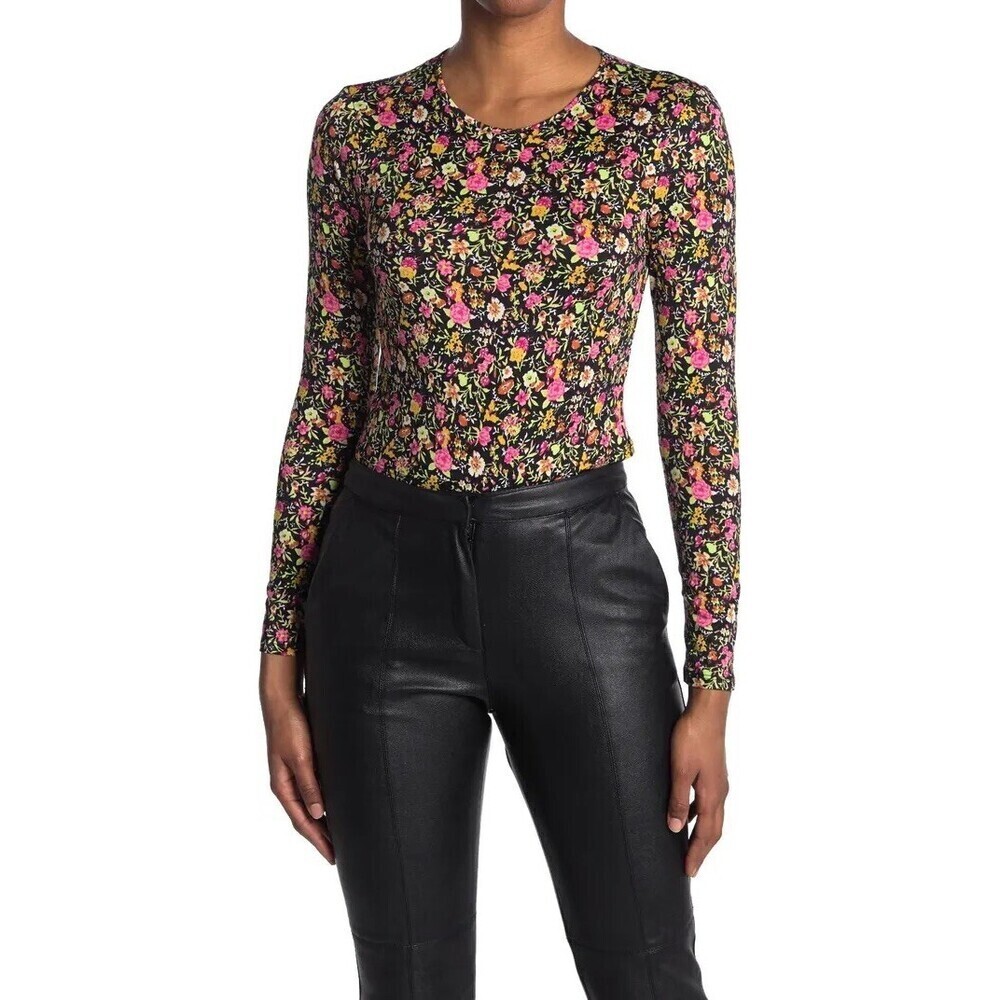 WAYF Women's Long Sleeve Knit Top In Black Multi Floral Size XS